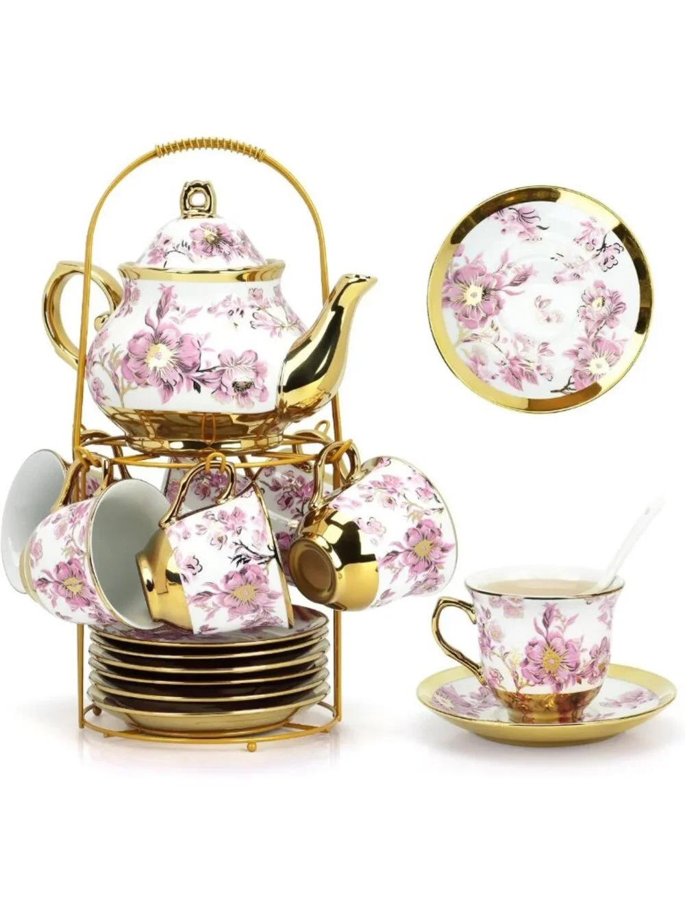 Elegant 20-Piece Porcelain Tea Set with Metal Holder for 6 - Perfect for